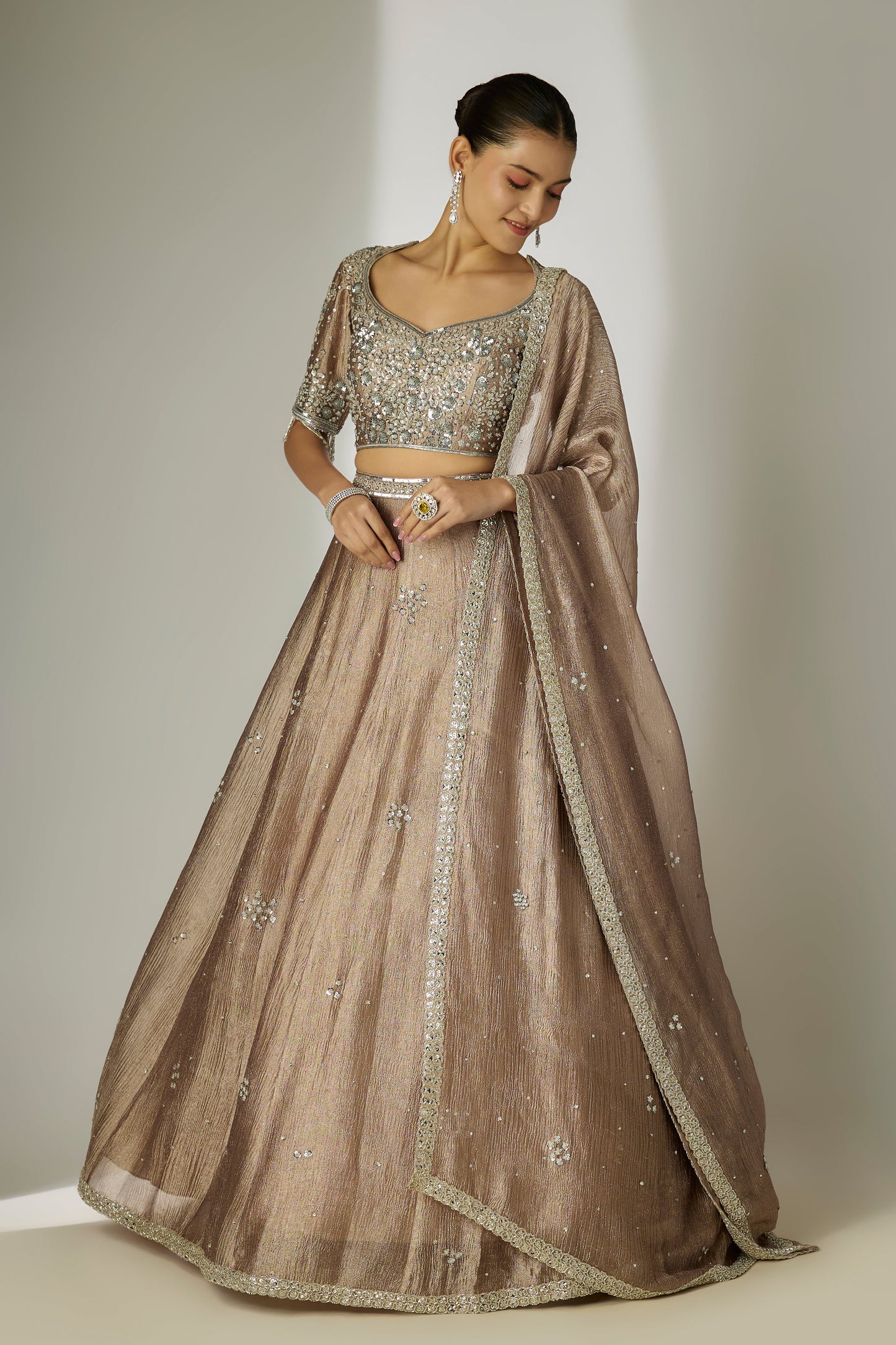 Grey Crushed Tissue Silk Lehenga Set