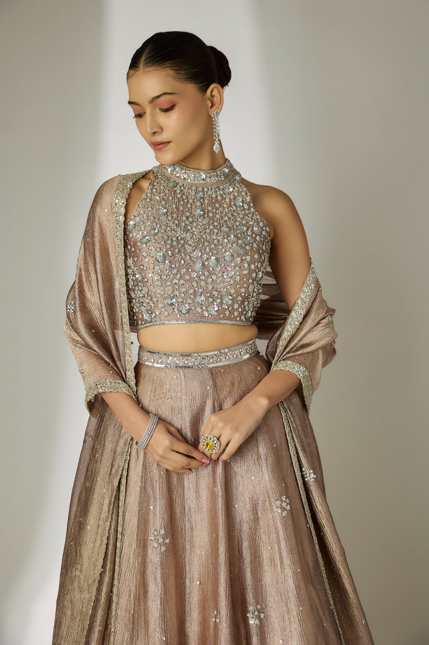 Grey Crushed Tissue Silk Lehenga Set