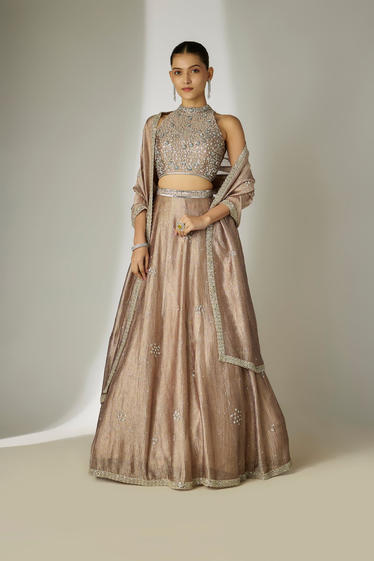 Grey Crushed Tissue Silk Lehenga Set