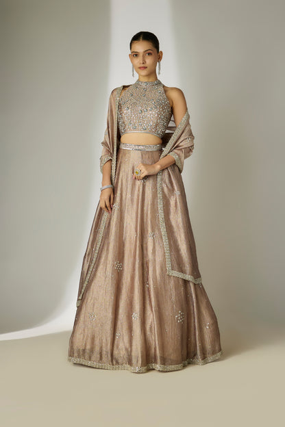Grey Crushed Tissue Silk Lehenga Set