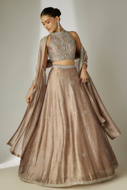Grey Crushed Tissue Silk Lehenga Set