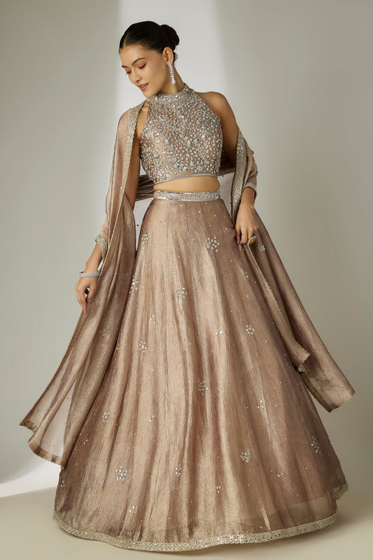 Grey Crushed Tissue Silk Lehenga Set