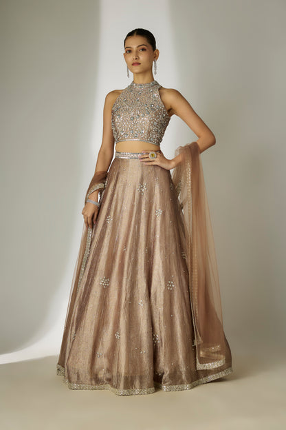 Grey Crushed Tissue Silk Lehenga Set