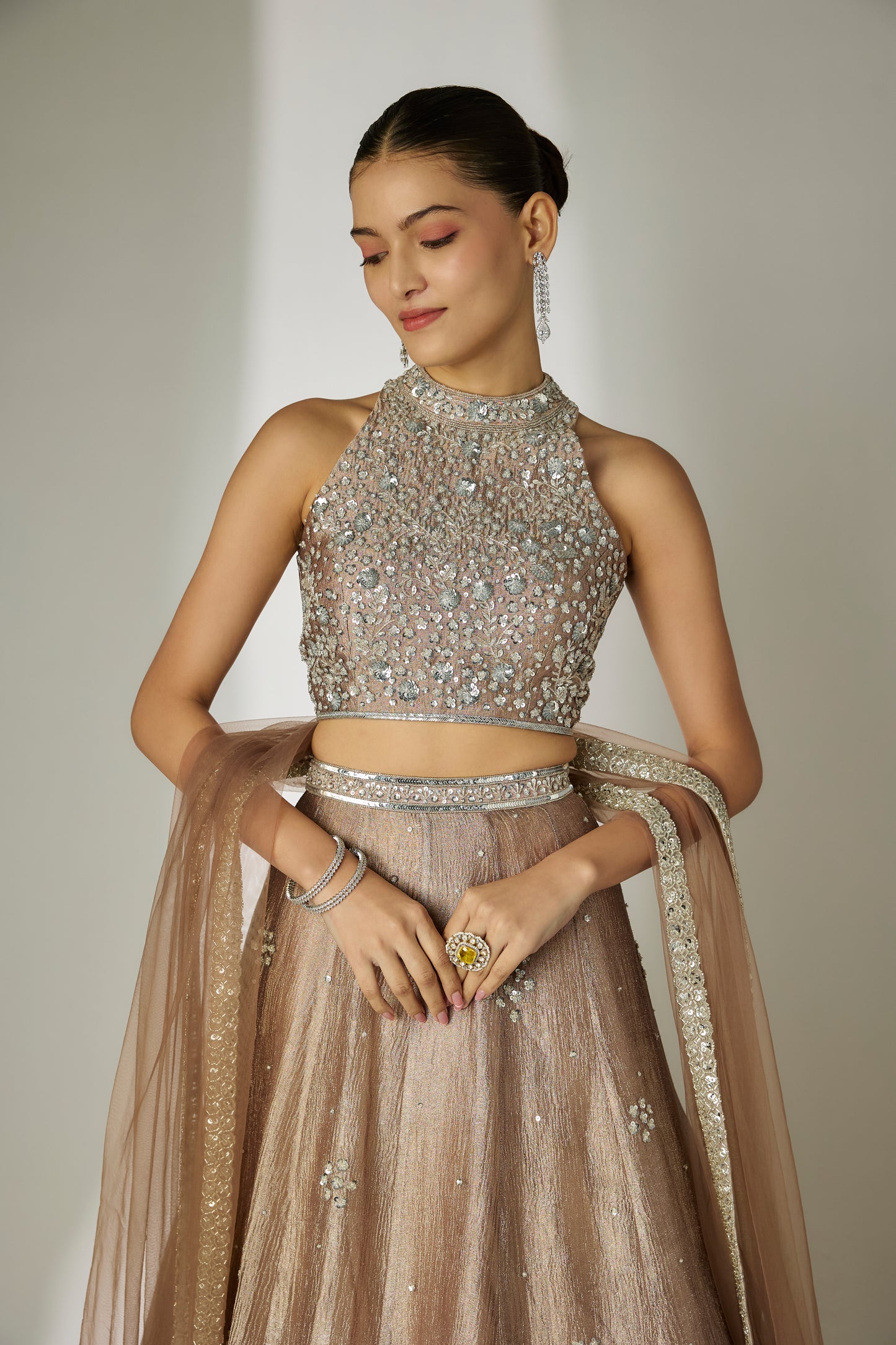 Grey Crushed Tissue Silk Lehenga Set