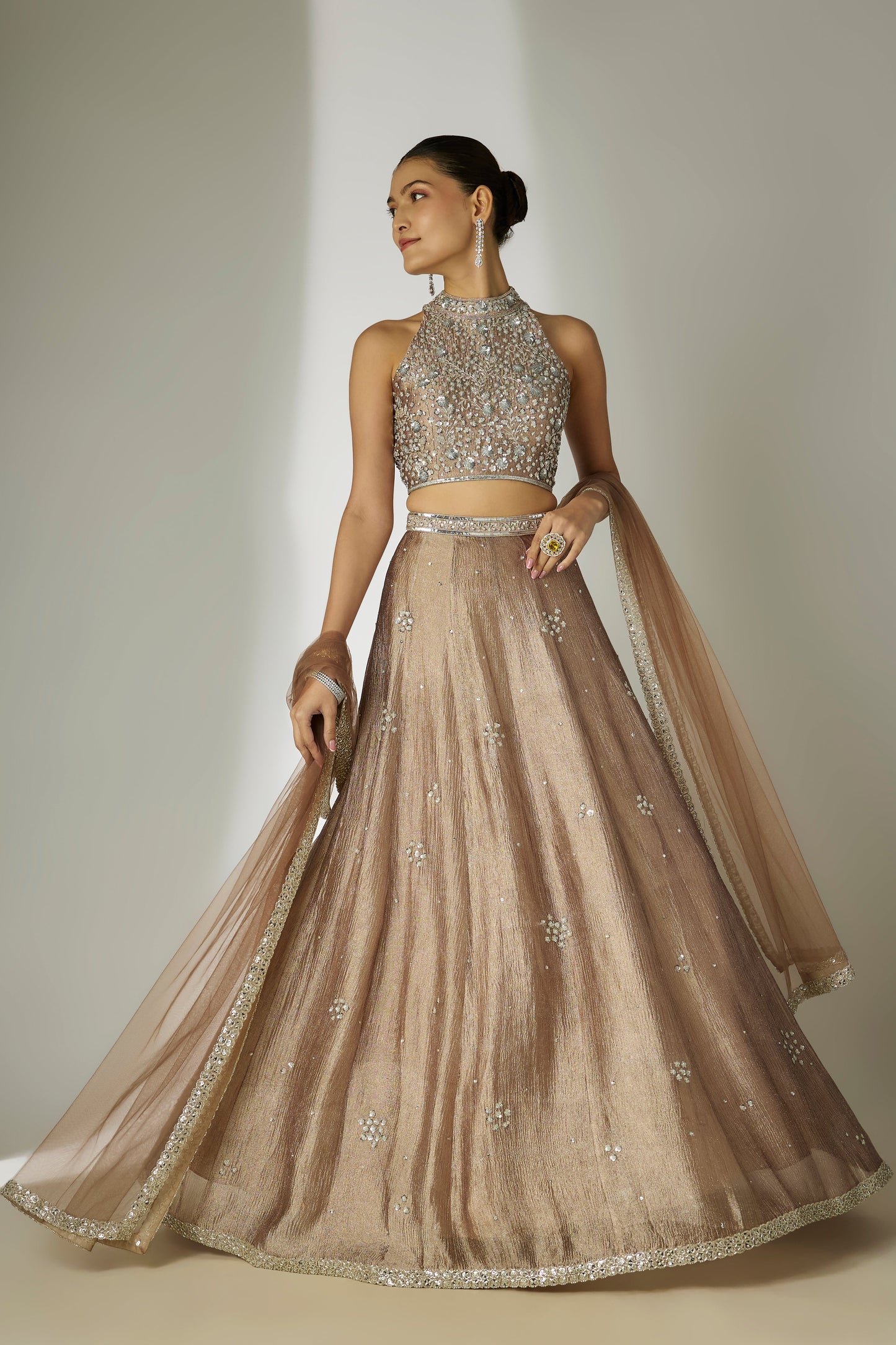 Grey Crushed Tissue Silk Lehenga Set
