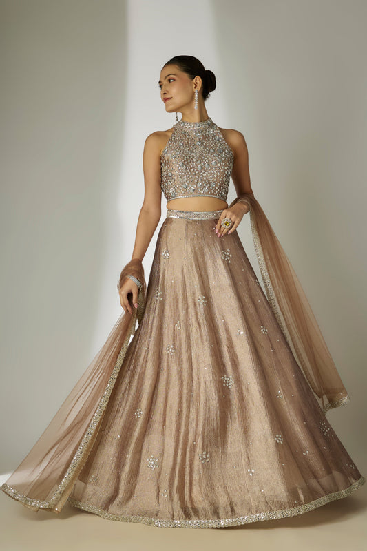 Grey Crushed Tissue Silk Lehenga Set