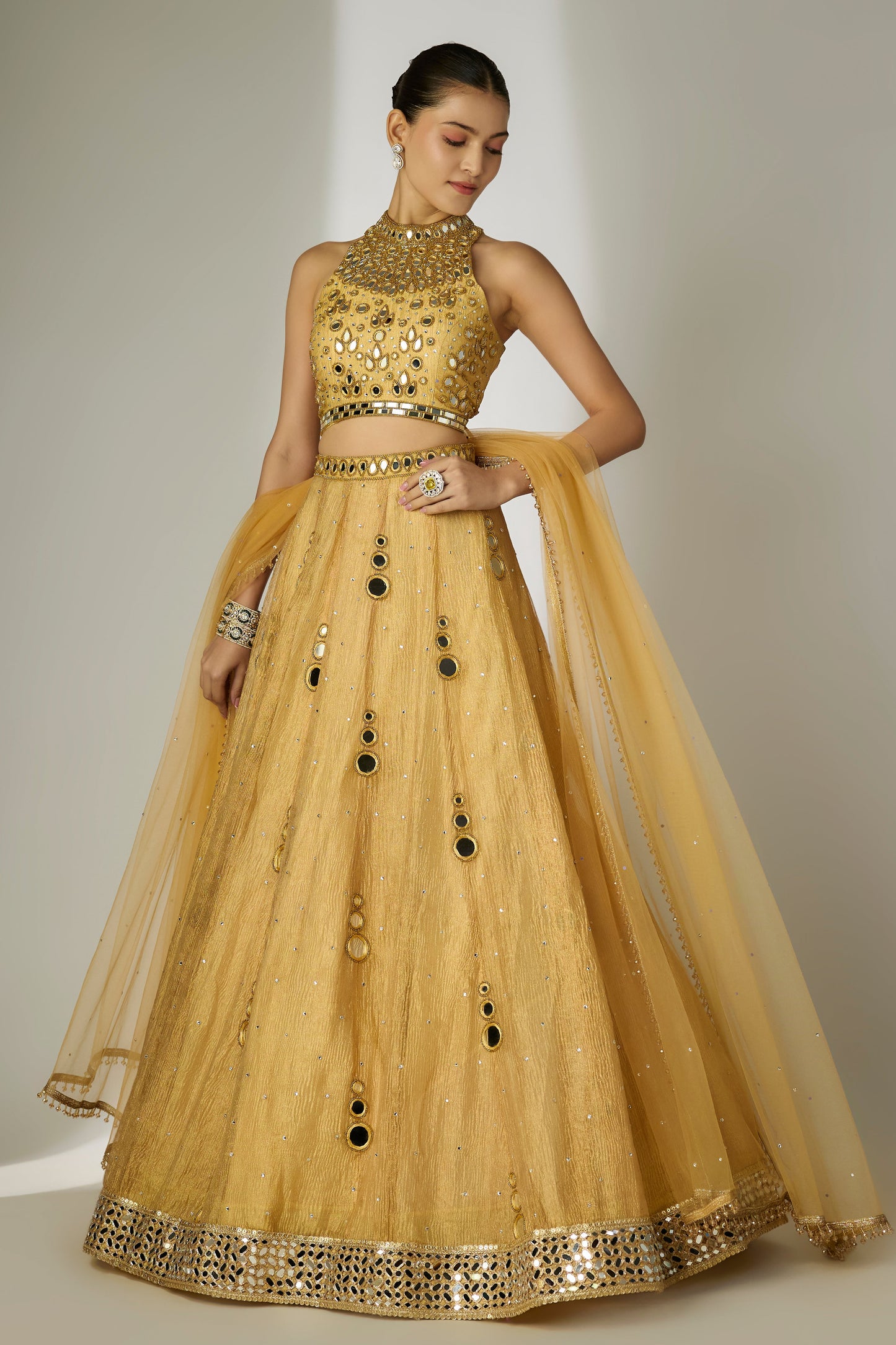 Gold Crushed Tissue Silk Lehenga Set