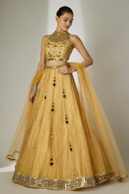 Gold Crushed Tissue Silk Lehenga Set