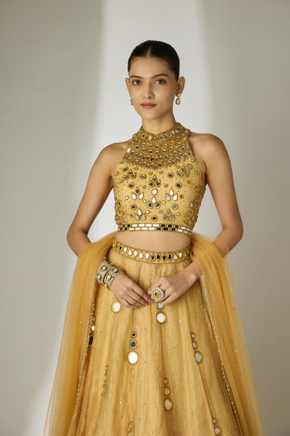 Gold Crushed Tissue Silk Lehenga Set