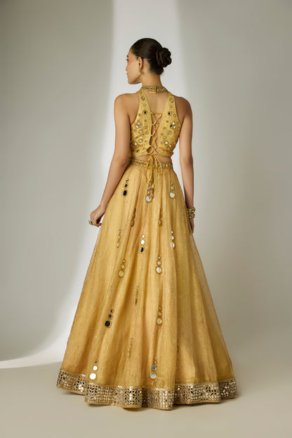 Gold Crushed Tissue Silk Lehenga Set