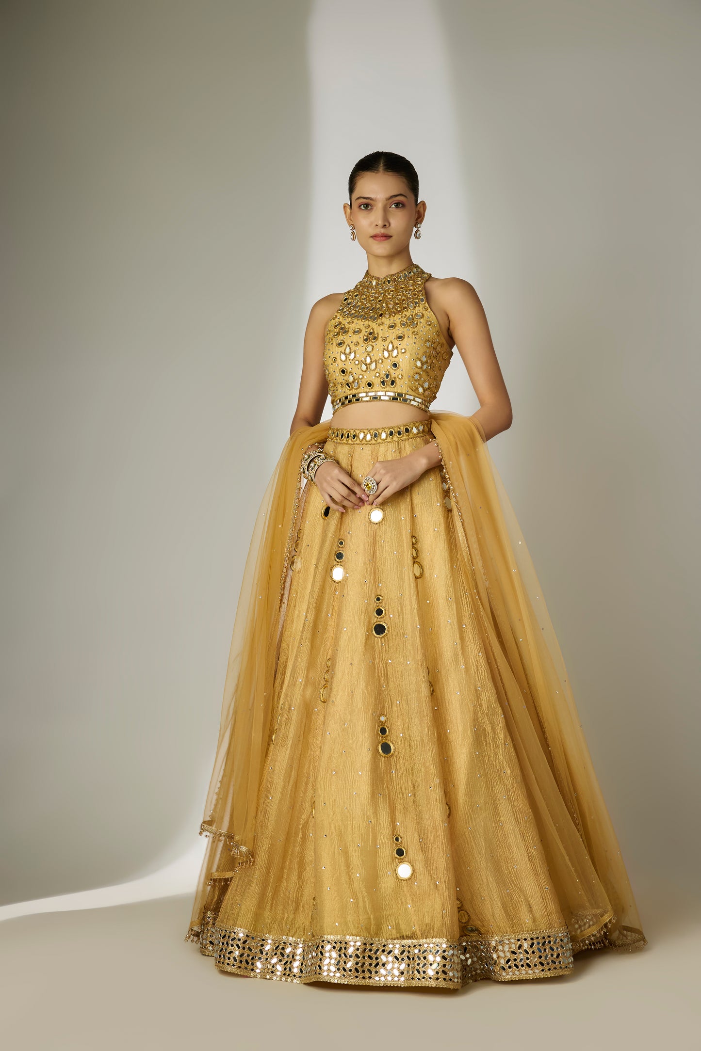 Gold Crushed Tissue Silk Lehenga Set