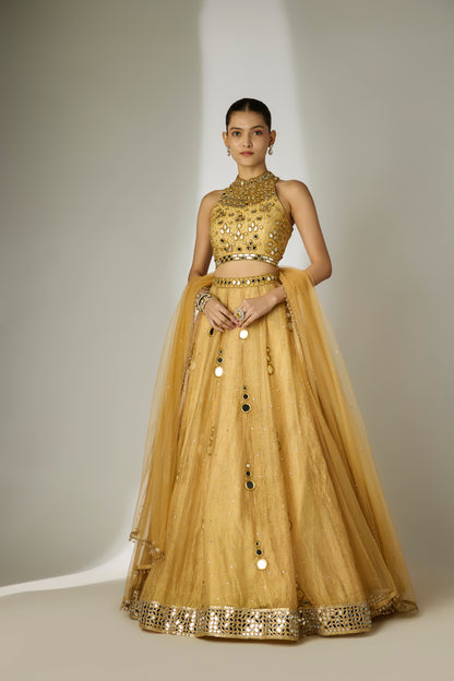 Gold Crushed Tissue Silk Lehenga Set