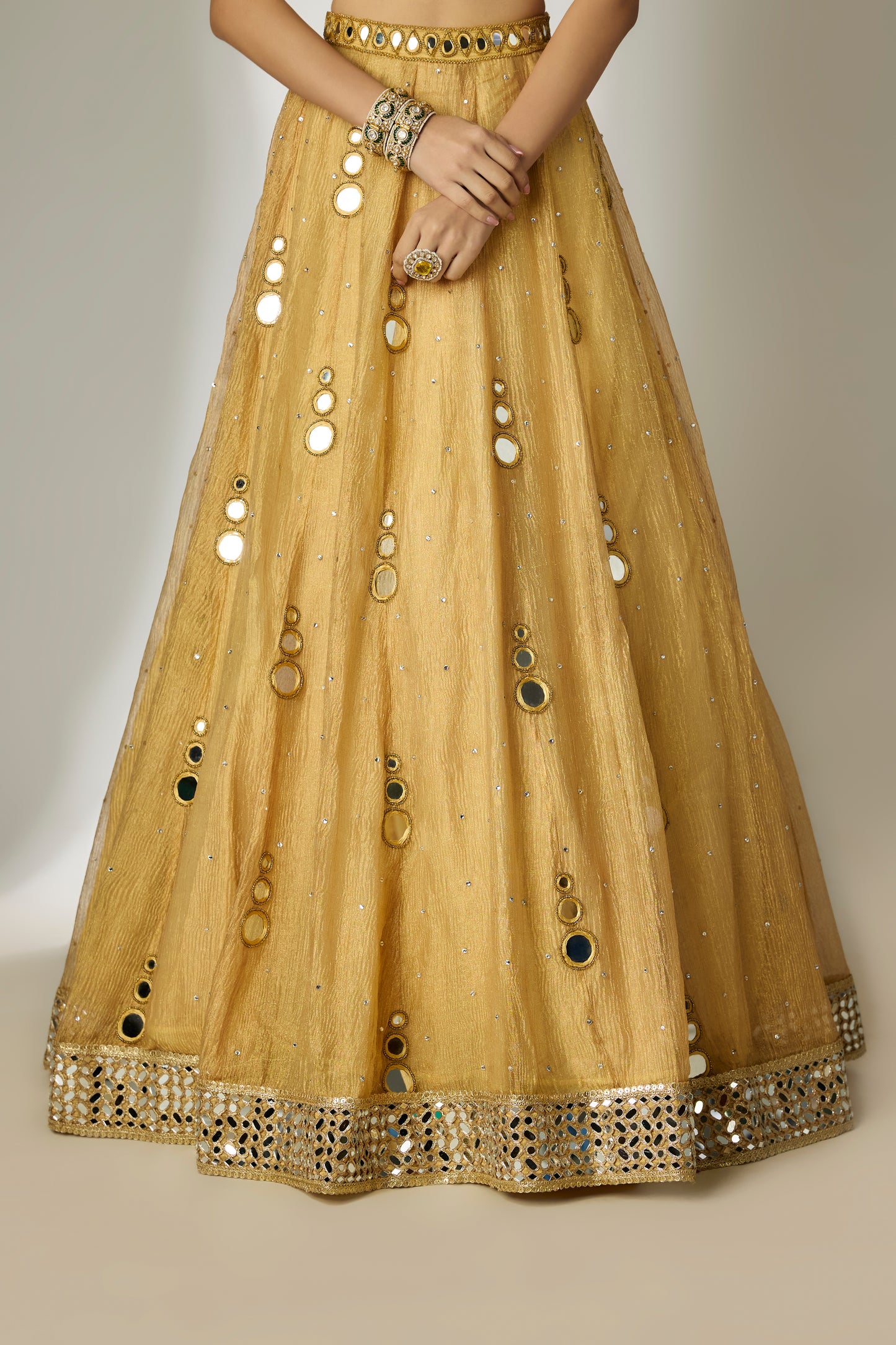 Gold Crushed Tissue Silk Lehenga Set