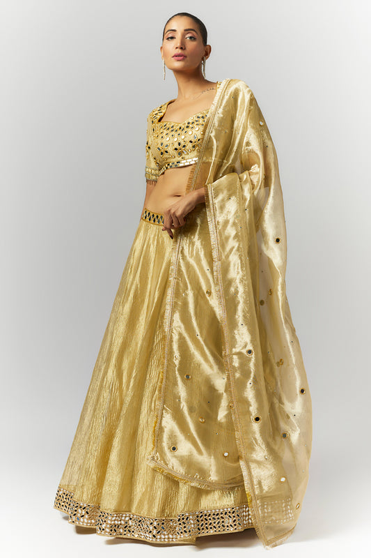 Golden Crushed Tissue Silk Lehenga