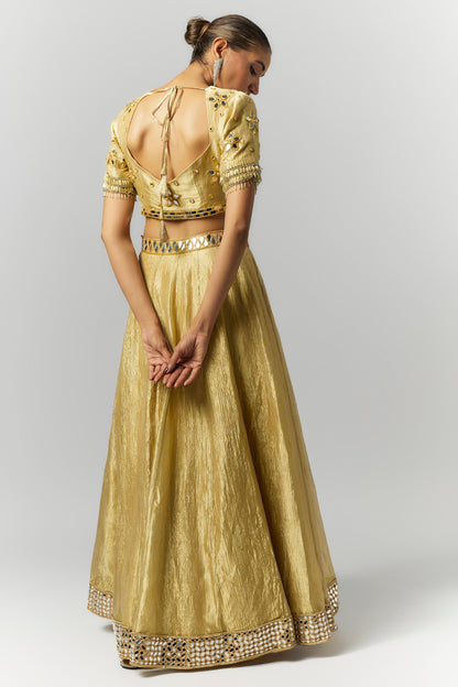 Golden Crushed Tissue Silk Lehenga