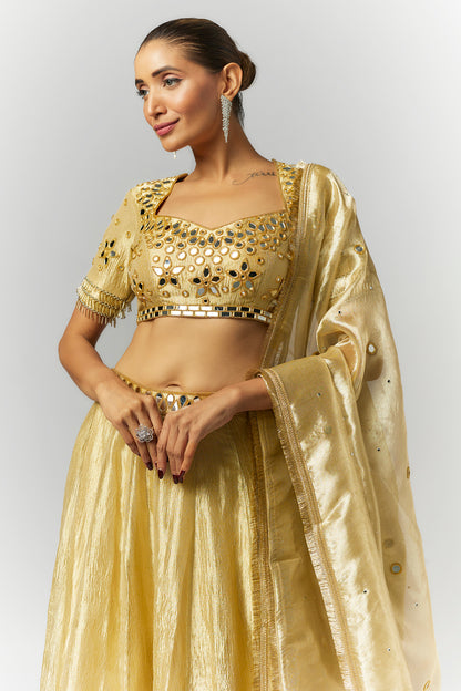 Golden Crushed Tissue Silk Lehenga