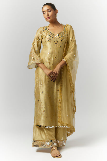 Golden Crushed Tissue Silk Kurta Set