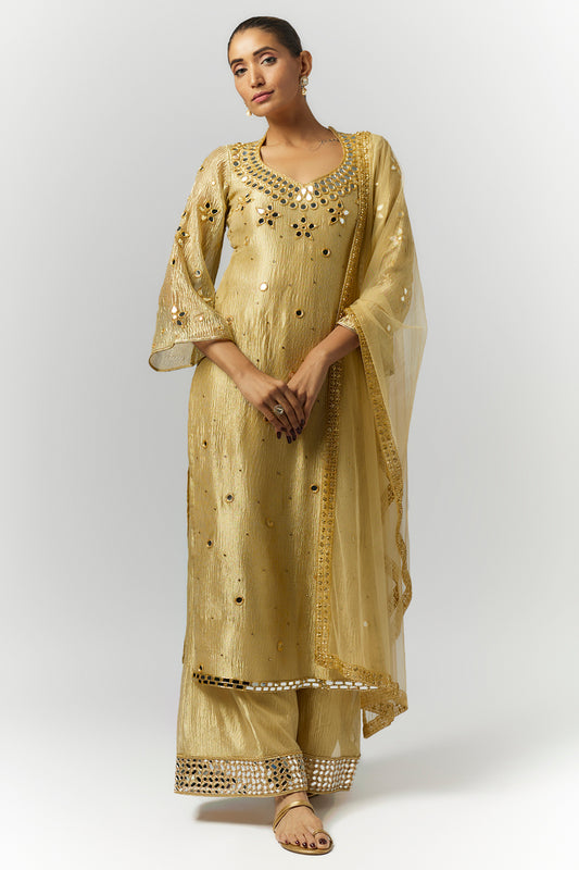 Golden Crushed Tissue Silk Kurta Set