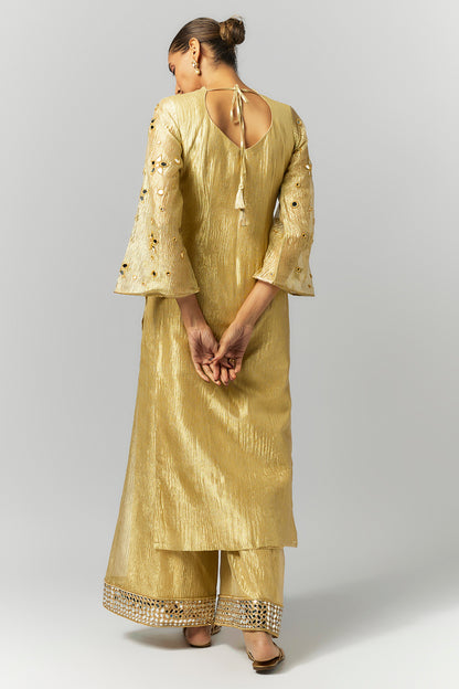 Golden Crushed Tissue Silk Kurta Set
