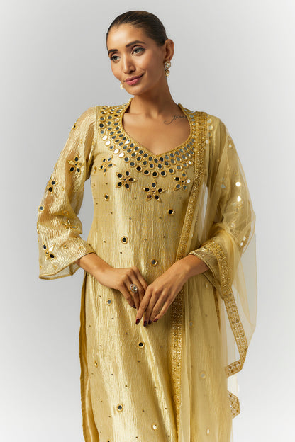 Golden Crushed Tissue Silk Kurta Set