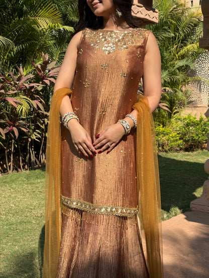 Brown Crushed Tissue Silk Sharara