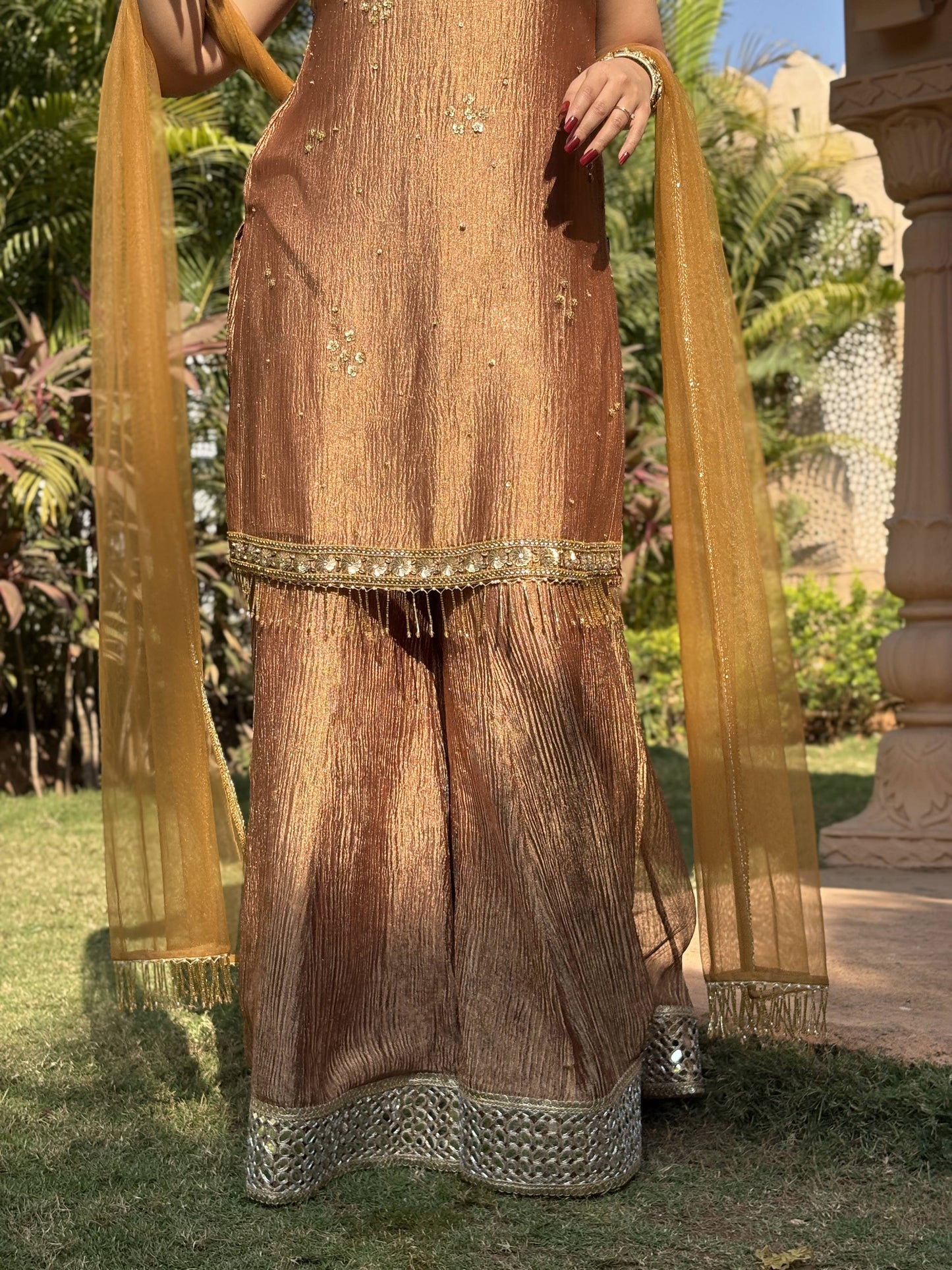 Brown Crushed Tissue Silk Sharara