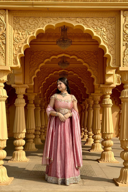 Pink Crushed Silk-Tissue Lehenga