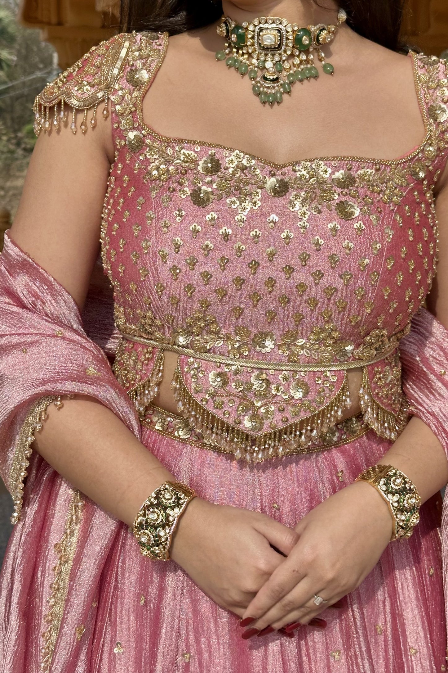 Pink Crushed Silk-Tissue Lehenga