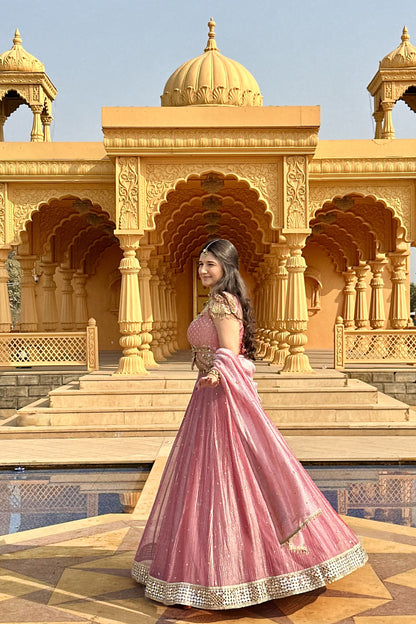 Pink Crushed Silk-Tissue Lehenga
