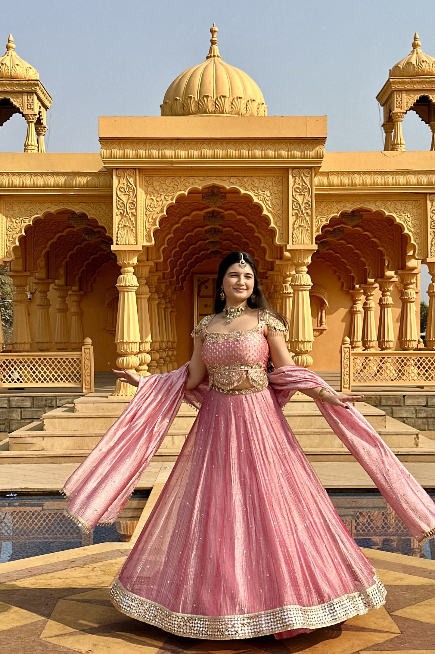 Pink Crushed Silk-Tissue Lehenga