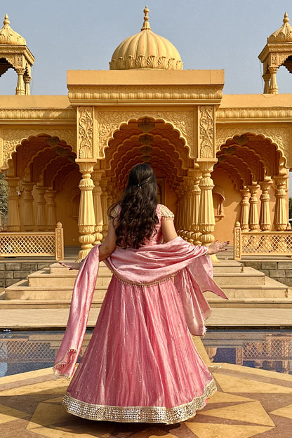 Pink Crushed Silk-Tissue Lehenga