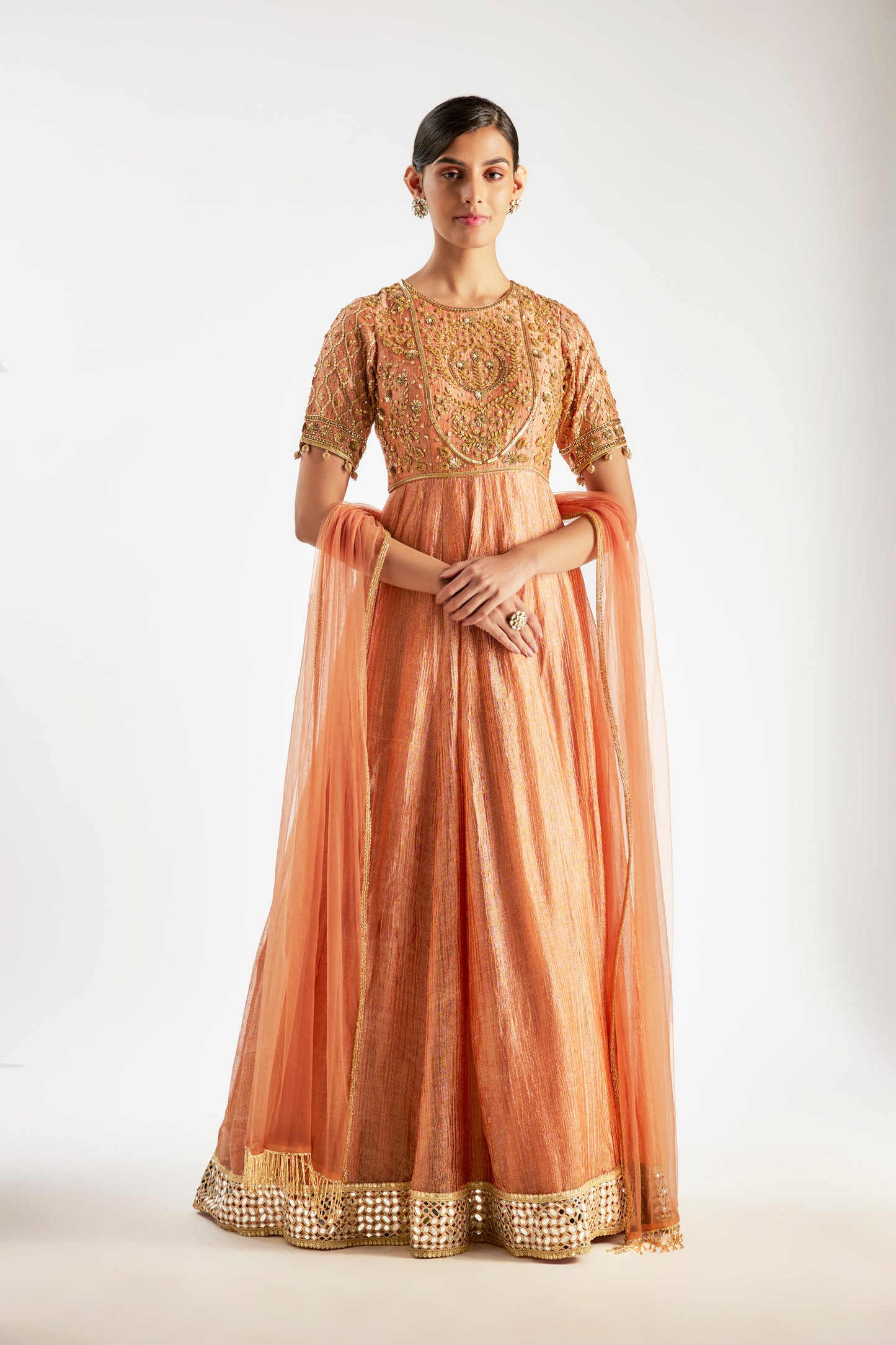 Rust Orange Crushed Tissue Silk Anarkali