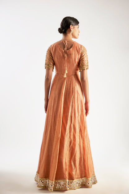 Rust Orange Crushed Tissue Silk Anarkali