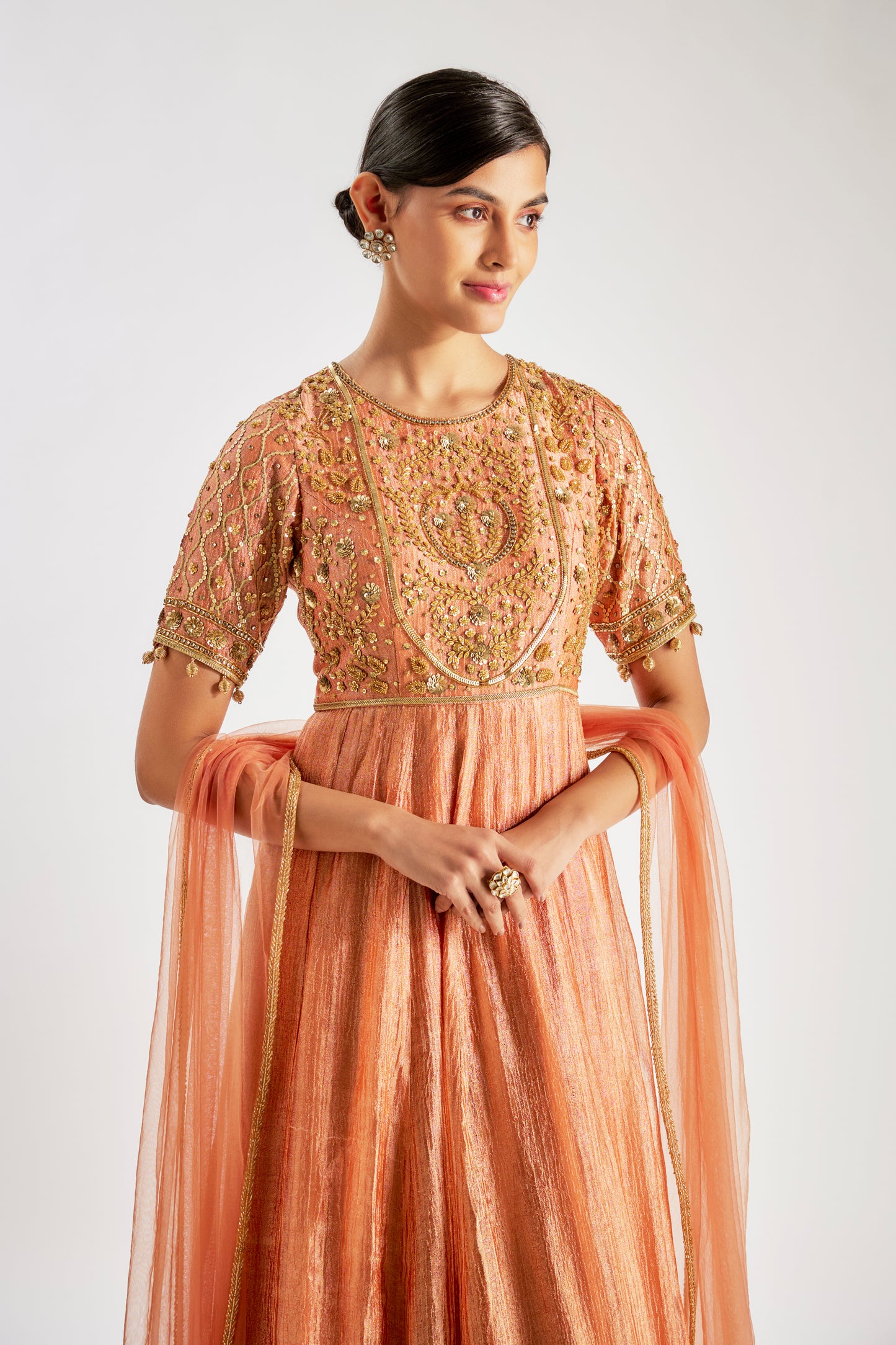 Rust Orange Crushed Tissue Silk Anarkali