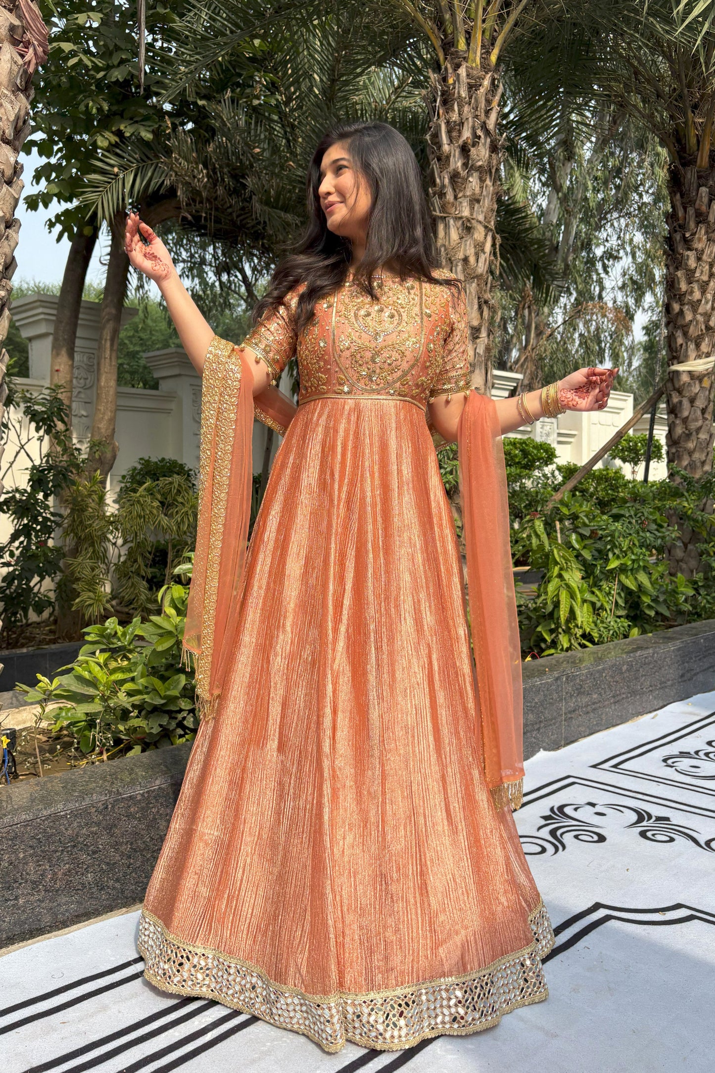 Rust Orange Crushed Tissue Silk Anarkali