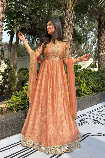 Rust Orange Crushed Tissue Silk Anarkali
