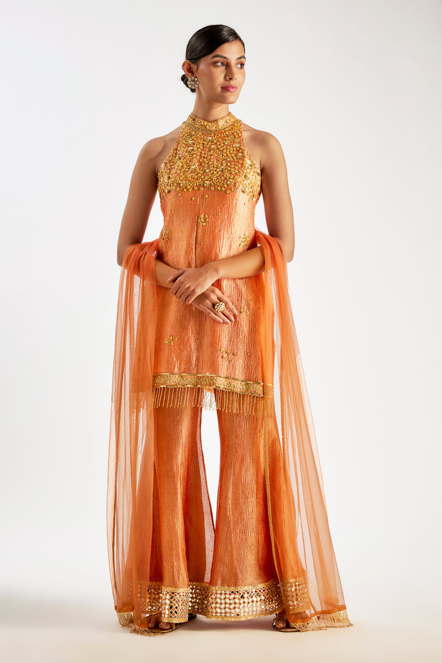 Rust Orange Crushed Tissue Silk Sharara